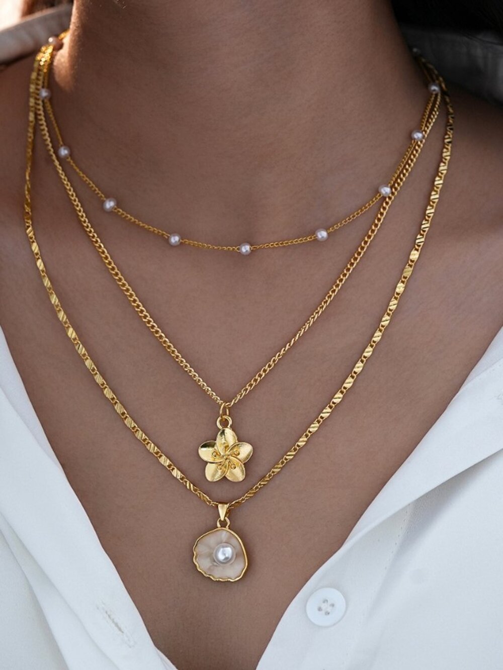 Gold Tone 3 Layered Necklace Flower & Shell Faux Pearl Pendant Stack Chain